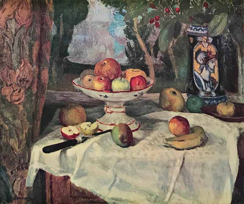 Still life of tabe with apples and banana. Also on the table is a banana and vase with figure of Roman soldier.